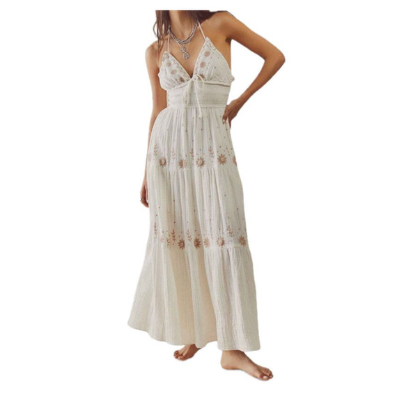 Free People Women's Ivory Real Love Embroidered Maxi Dress Size XL NEW - Picture 3 of 8